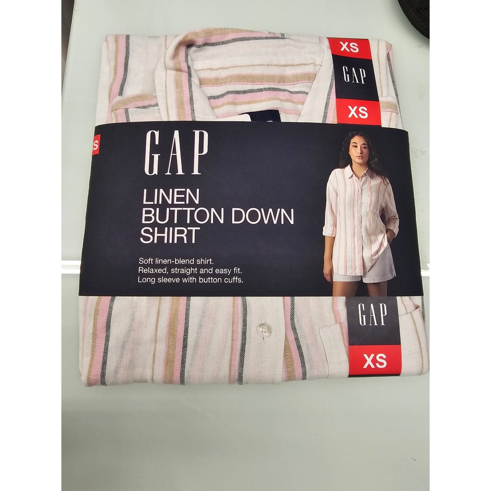 GAP Womens Linen Button Down Shirt XS Pink Tan Striped Long Sleeve‎ GP007933 NEW